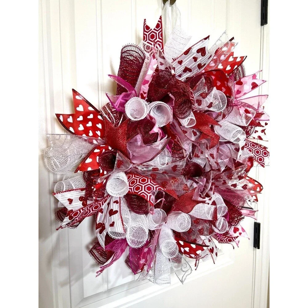 Handmade 22” Valentine’s Day Ribbon Mesh Wreath Hearts in Red & Pink w23